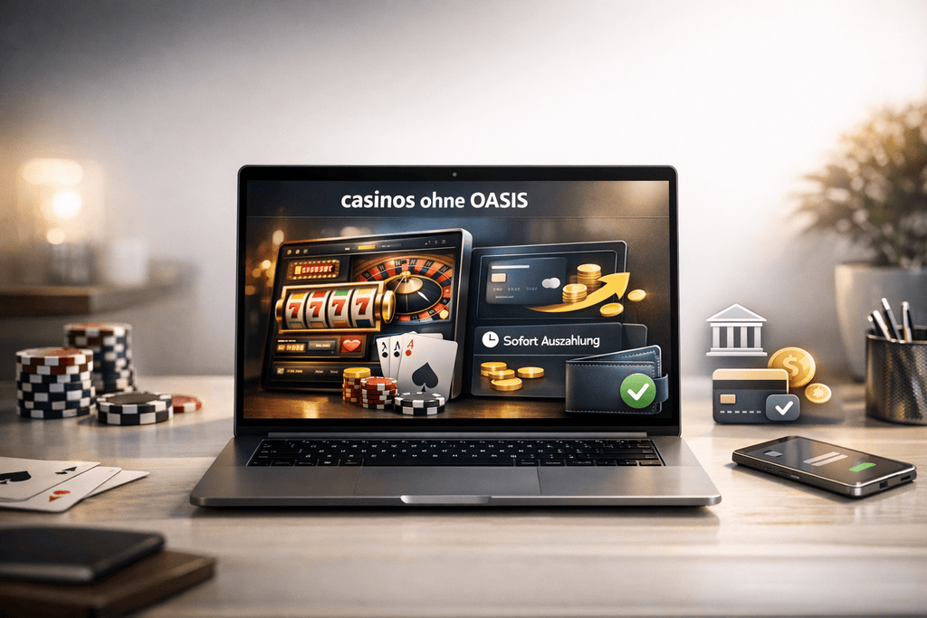 Eleganter Laptop mit Casino-Interface für Casino ohne OASIS, moderne Zahlungs-Icons für Wallet und Sofort-Auszahlung, aufgeräumtes Schreibtisch-Setup mit edler Beleuchtung und realistischer Fotoästhetik.